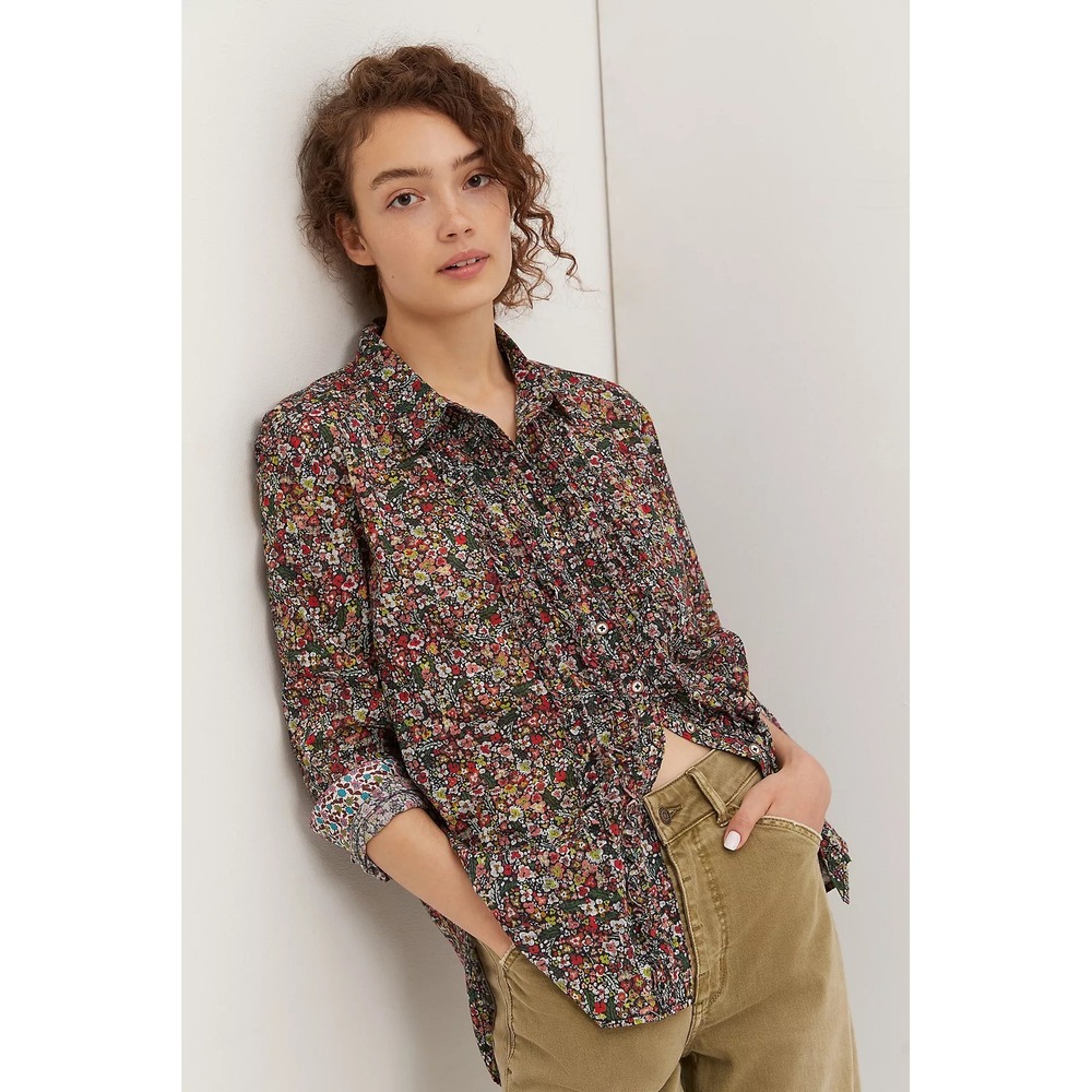 Anthropologie Pilcro Floral Ruffle Front Button Down Shirt Long Sleeve XS